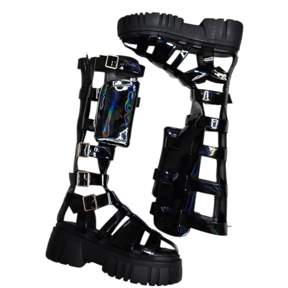 Dolls Kill Shoes - DOLLS KILL Club Exx black holographic stage diver zip pouch gladiator sandals 9